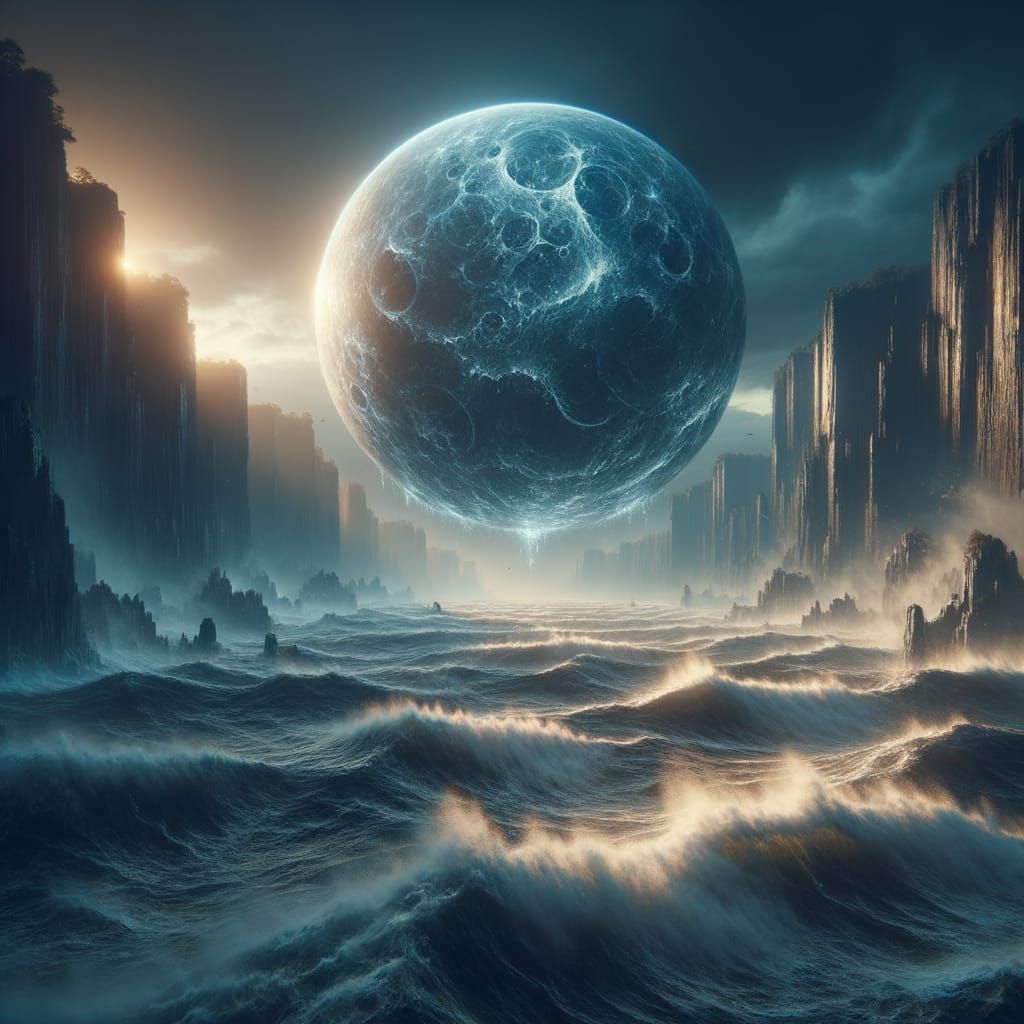 Celestial Water Sphere Over Tumultuous Sea in Dark Fantasy