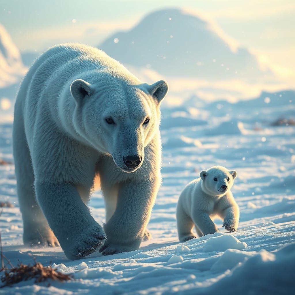 Majestic Arctic Polar Bear and Cub in Serene Winter Landscap...