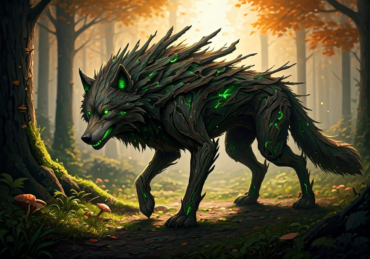 Wolf-like Bark Creature in Forest at Dusk