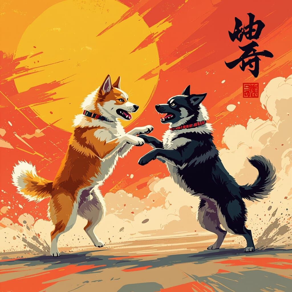 Dynamic Kung Fu Dog Battle in Vibrant Style