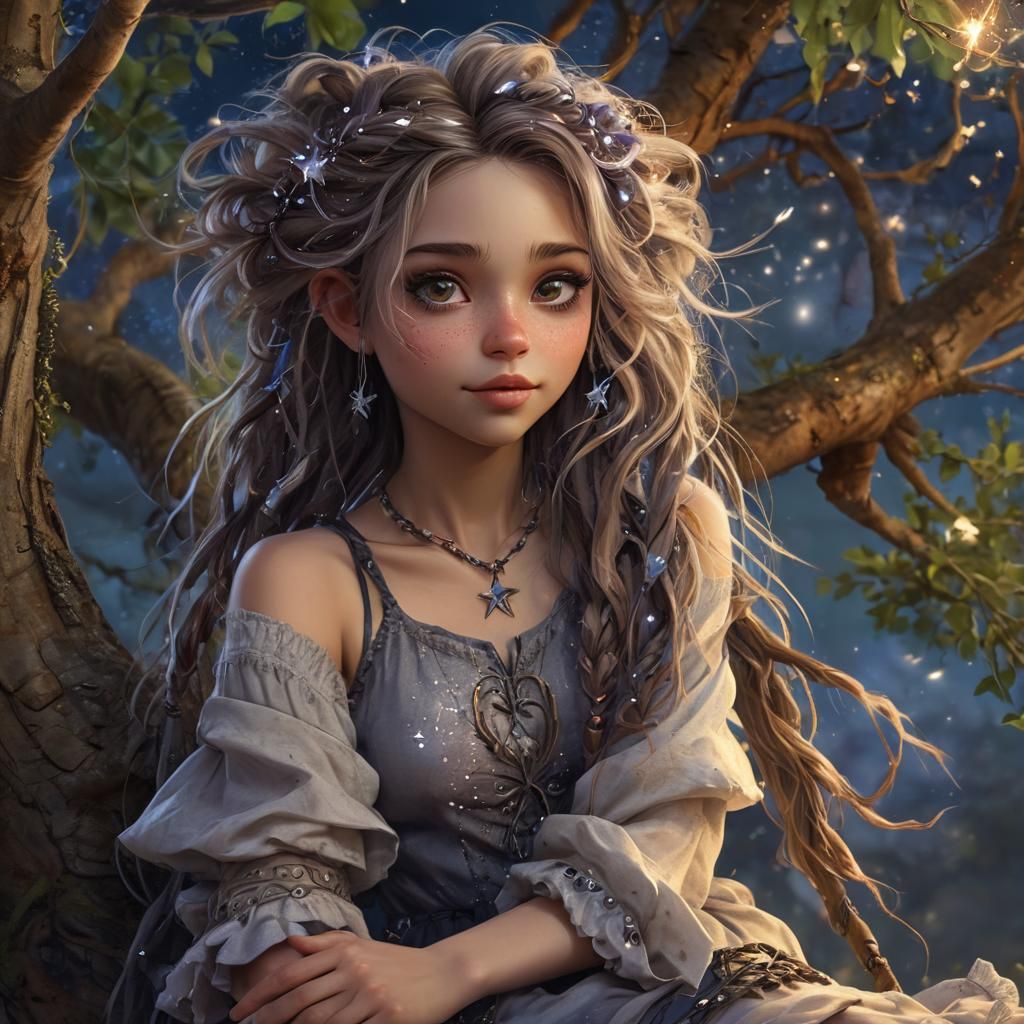 Adorable Fairy on Tree of Life in Digital Art