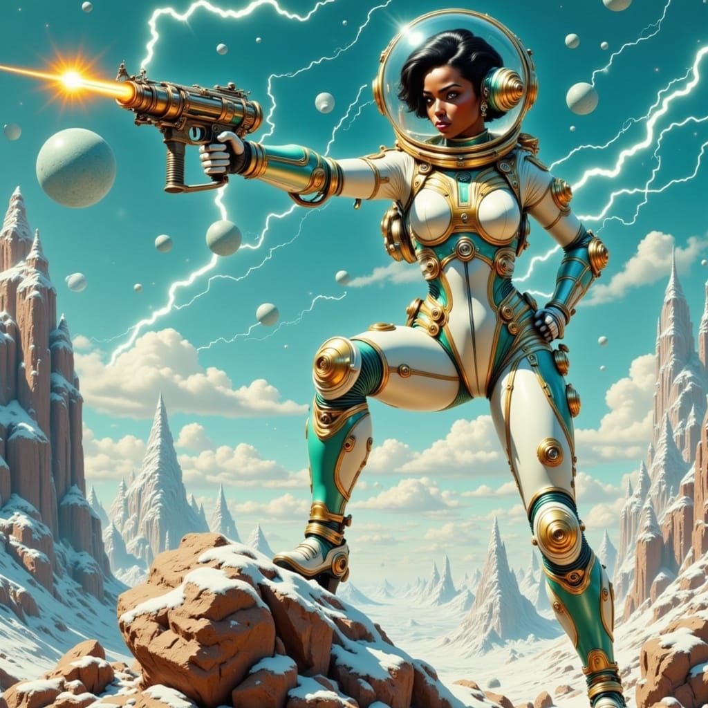 Vintage-Futuristic Heroine on a Rocky Mountainside