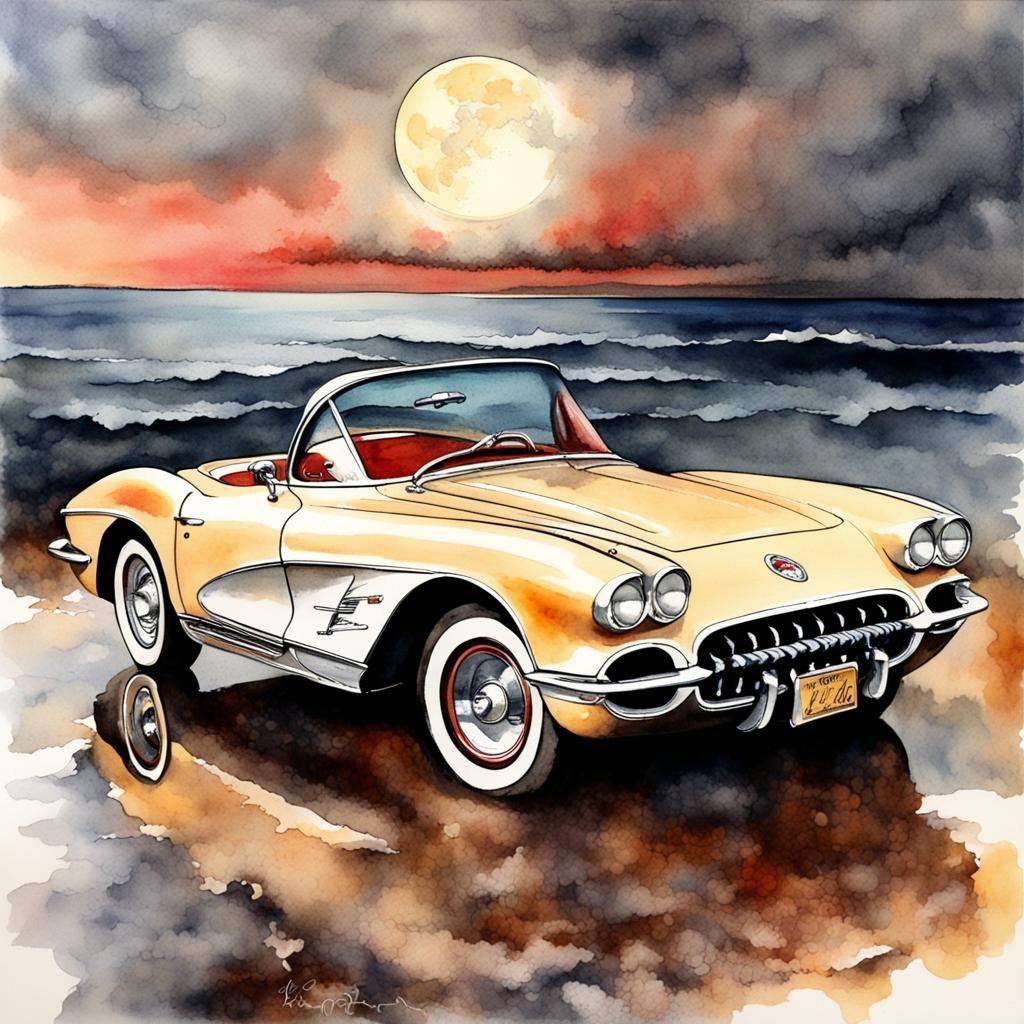 Vintage Corvette Seascape in Watercolor Style