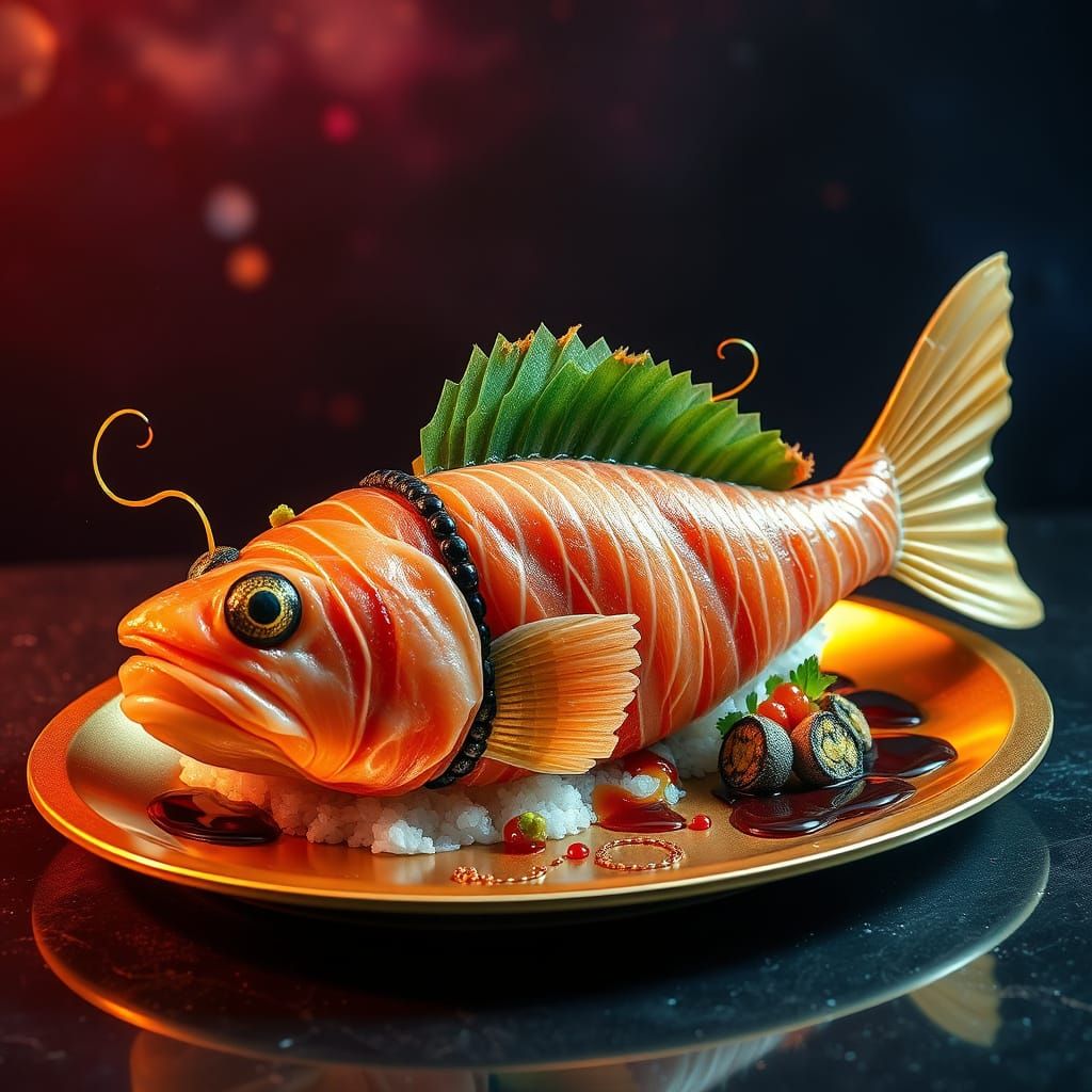 Hyper-Realistic Sushi Sculpture with Cosmic Background