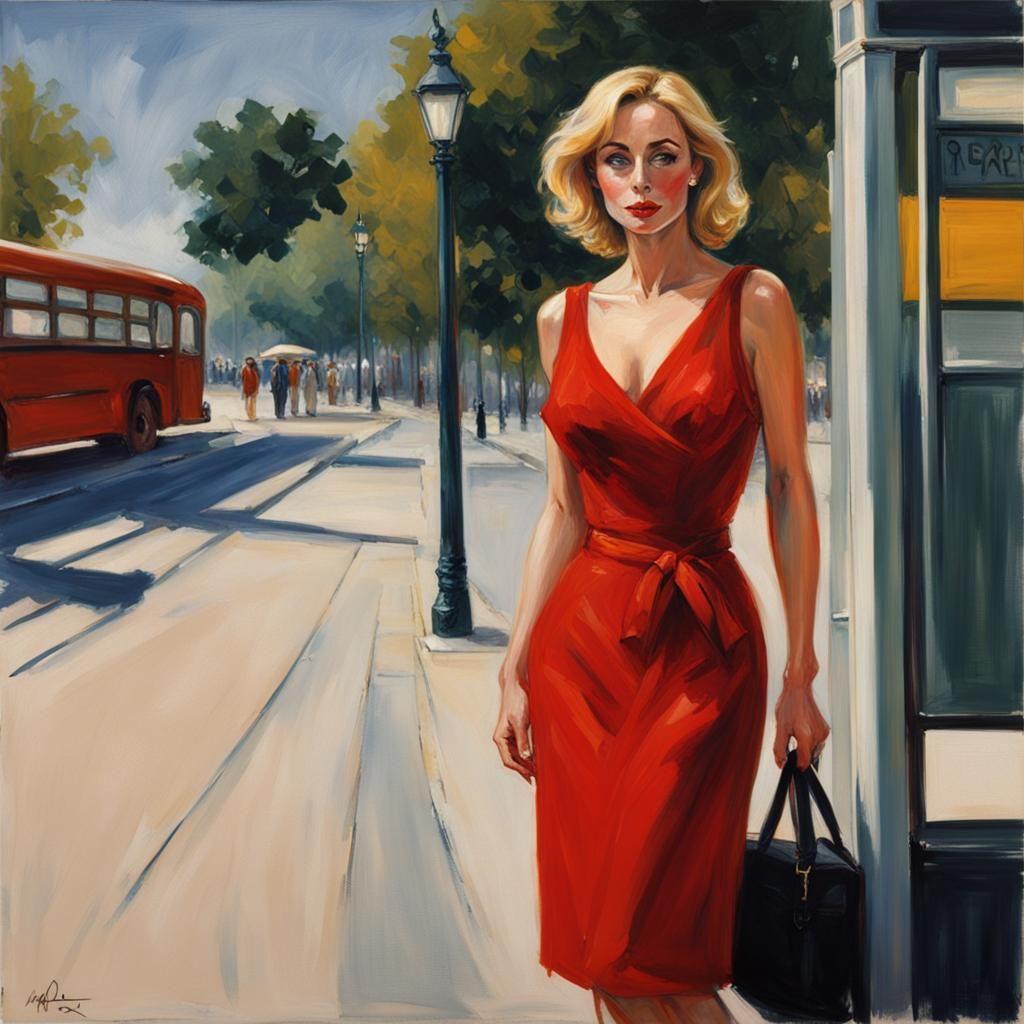 Woman in Red Dress at Bus Stop