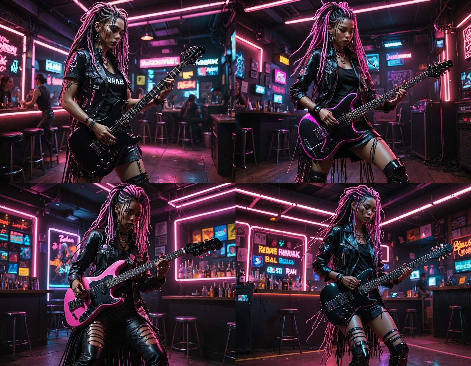 Sorayama style cyberpunk girl playing a Gloss Black guitar