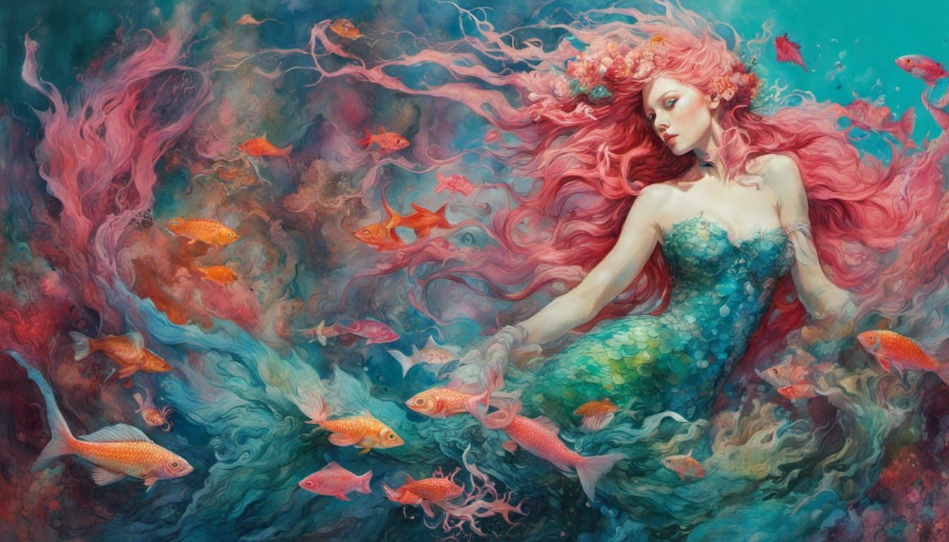 Vibrant Cybernetic Mermaid in Neon Sea