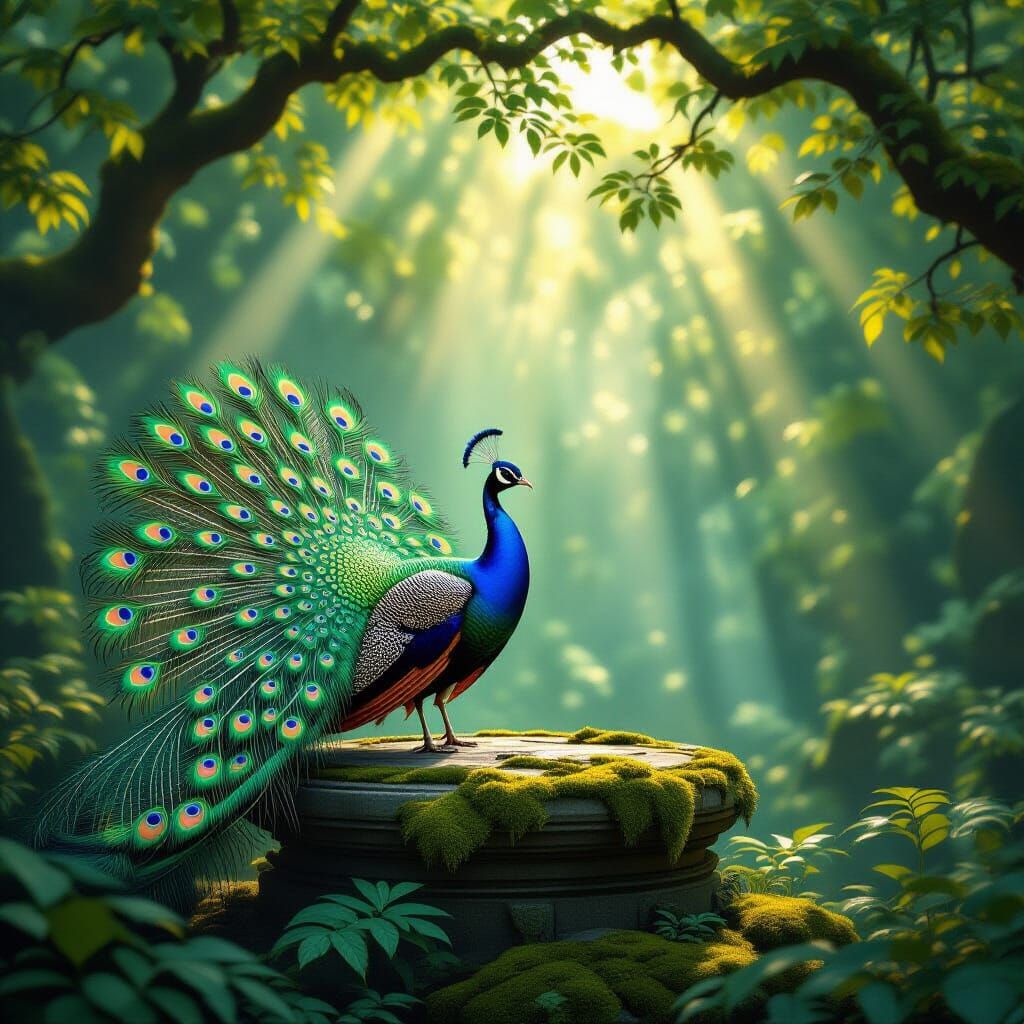 Majestic Peacock Displayed in Enchanted Forest
