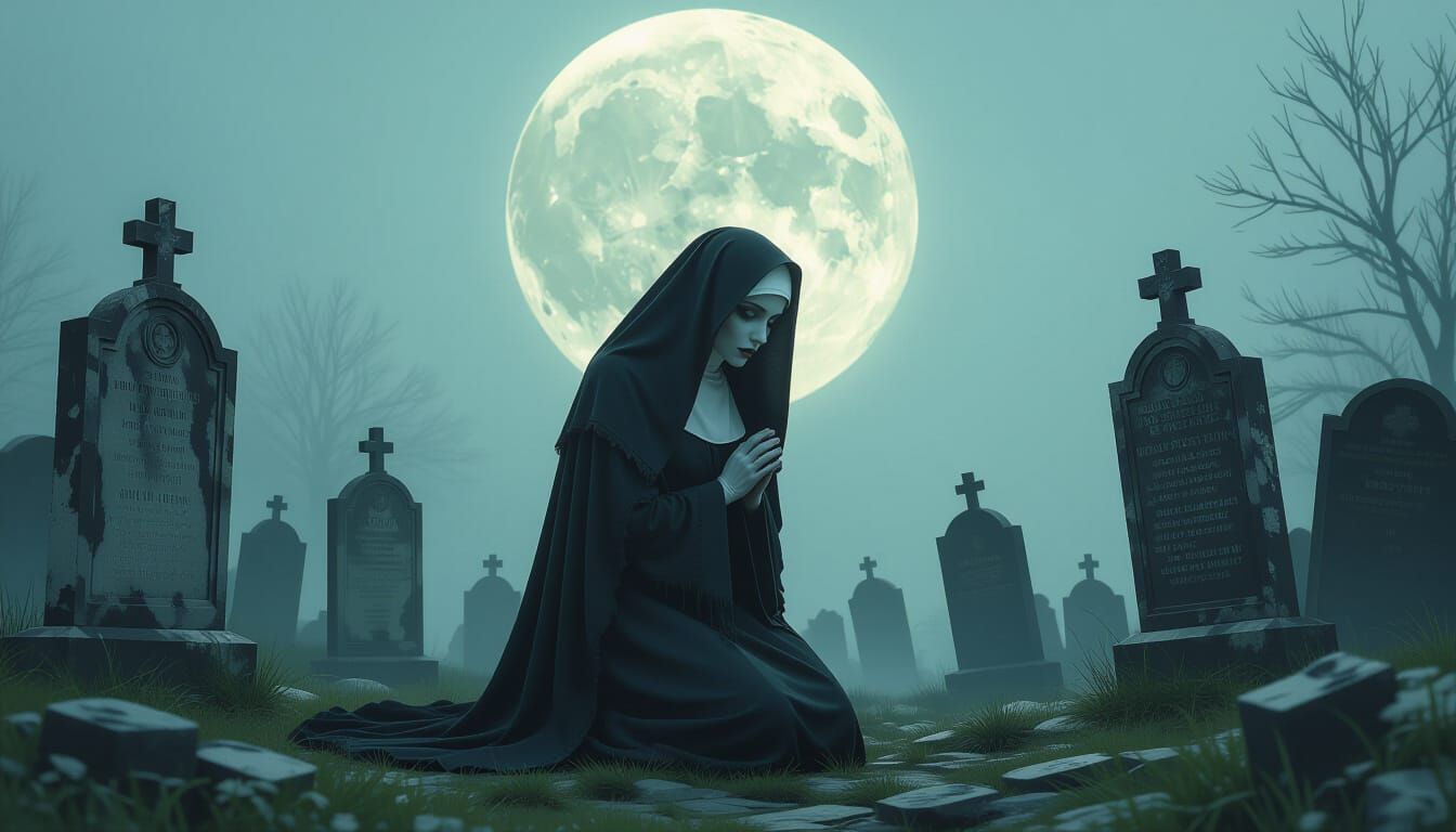 Gothic Nun Mourning in Cemetery, Dark Romanticism Style