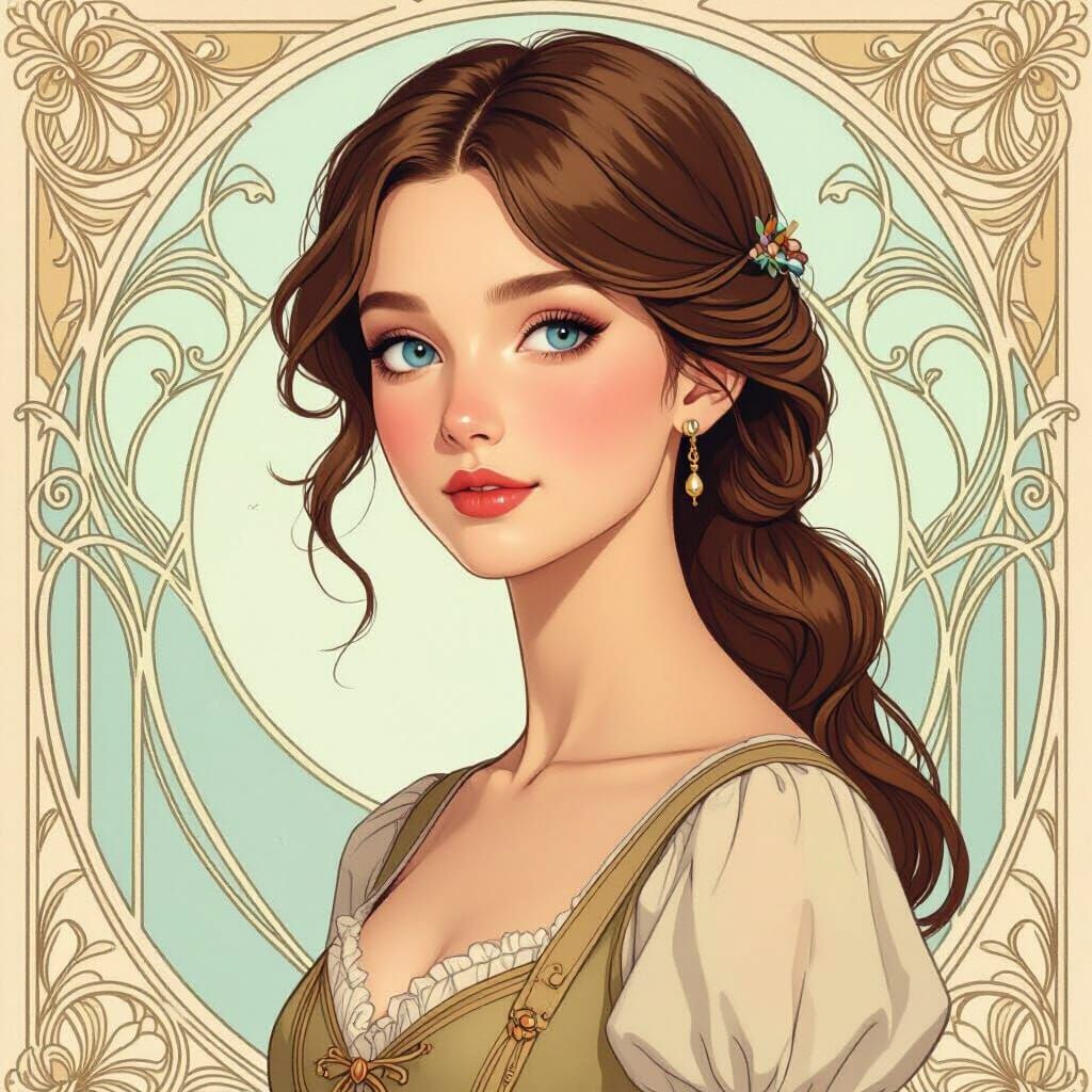 Elegant Girl in Alphonse Mucha and Miyazaki Style