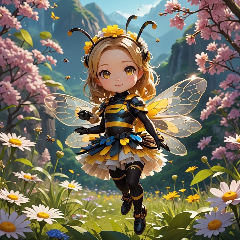 Chibi Bee Fairy Dancing on Flower, 3D Anime Art
