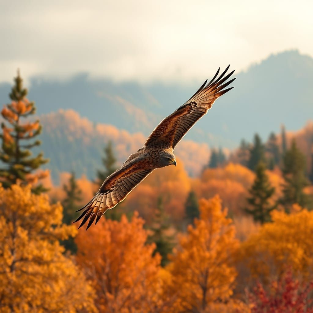 Red-Shouldered Hawk Gliding Over Autumn Trees