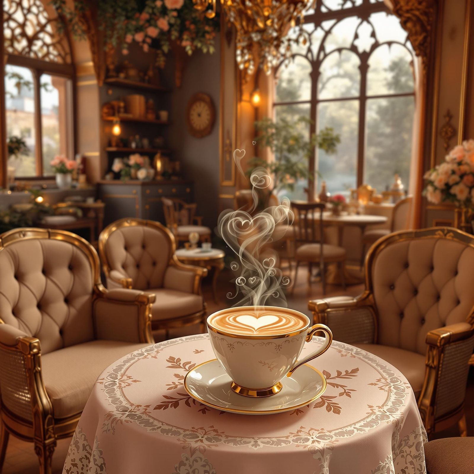 Whimsical Coffee Shop with Steaming Mug