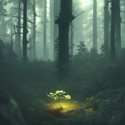 Resilient Plant in Blackened Forest, Digital Art