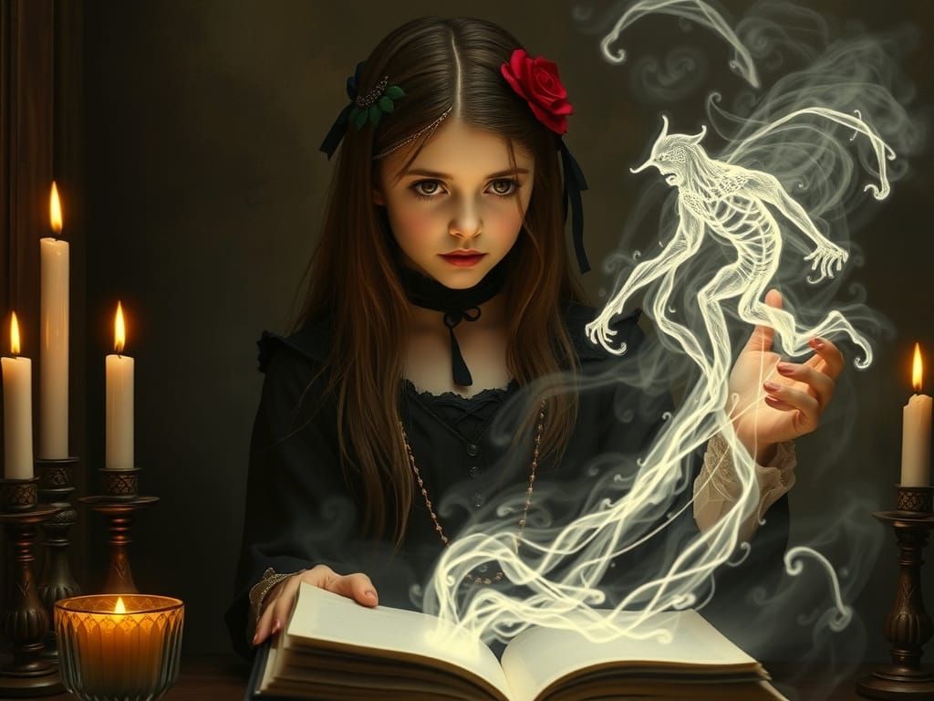 Gothic Girl Summons Spirit in Dark Romantic Style