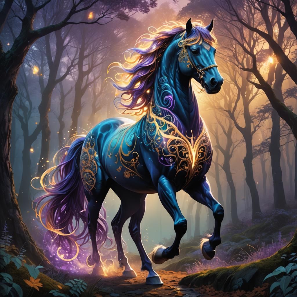 Majestic Horse with Ethereal Mane in Misty Forest