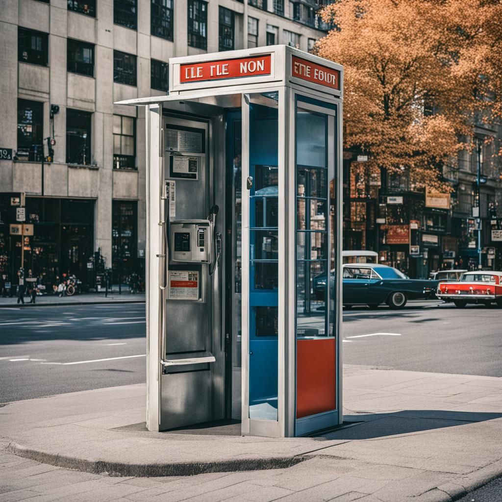 1970s Phone Booth in Cityscape