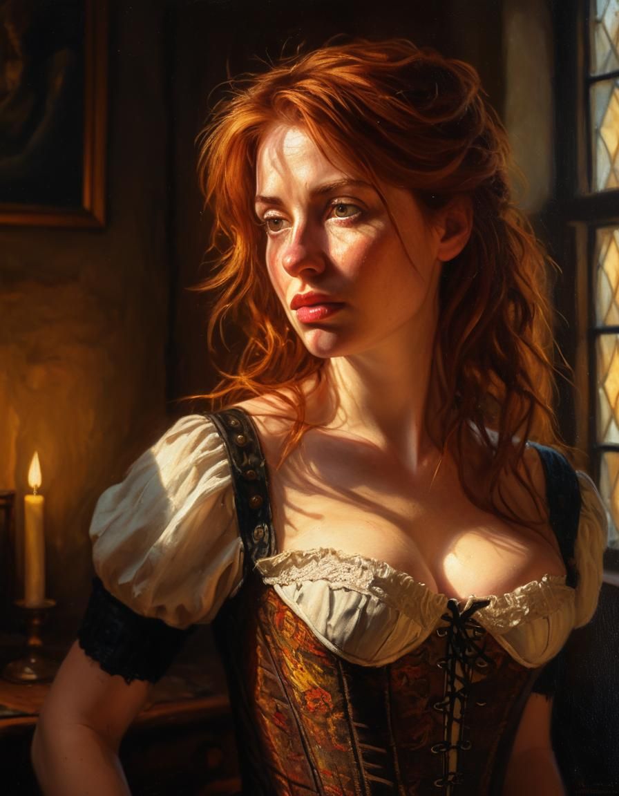 Auburn-Haired Woman in Manor: Oil Portrait