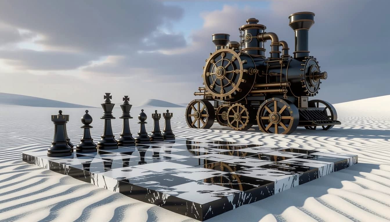 Steampunk Chessboard on Sand with High Contrast