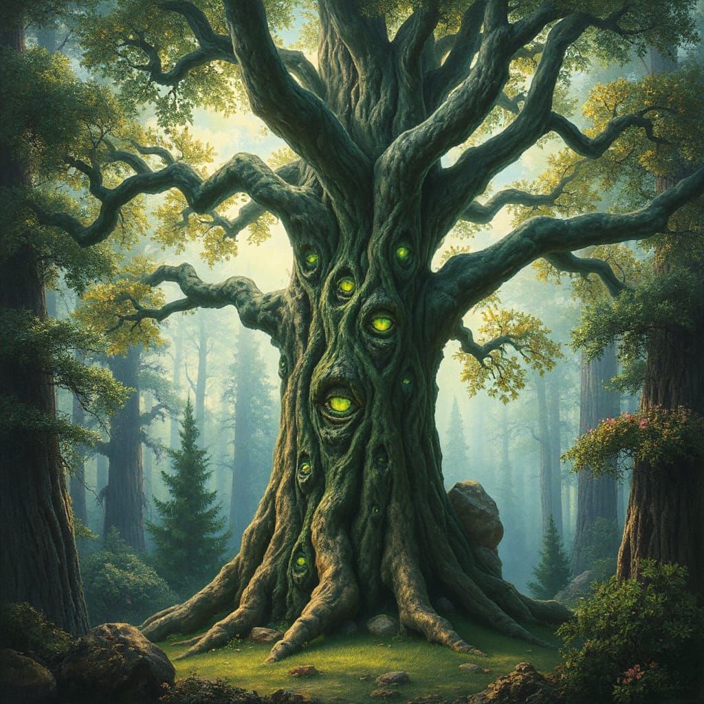 Majestic Tree with Emerald Leaves and Glowing Eyes in a Myst...