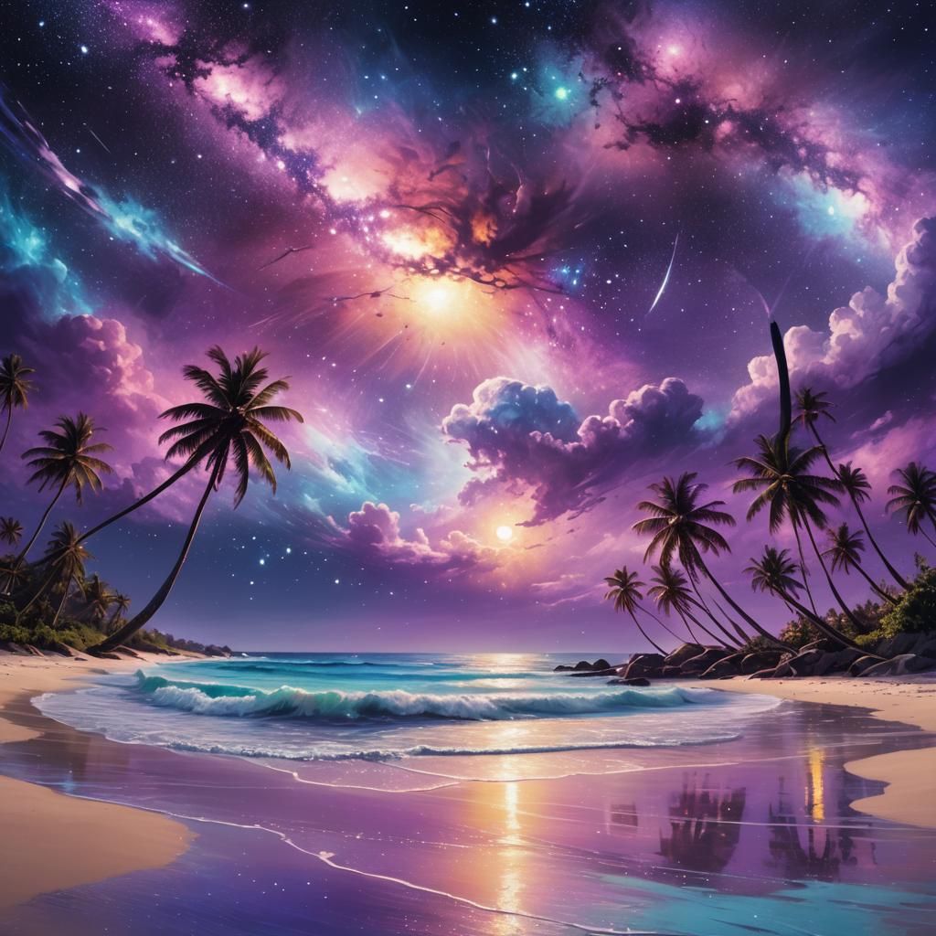 Cosmic Beach Illustration in Mixed Media Style