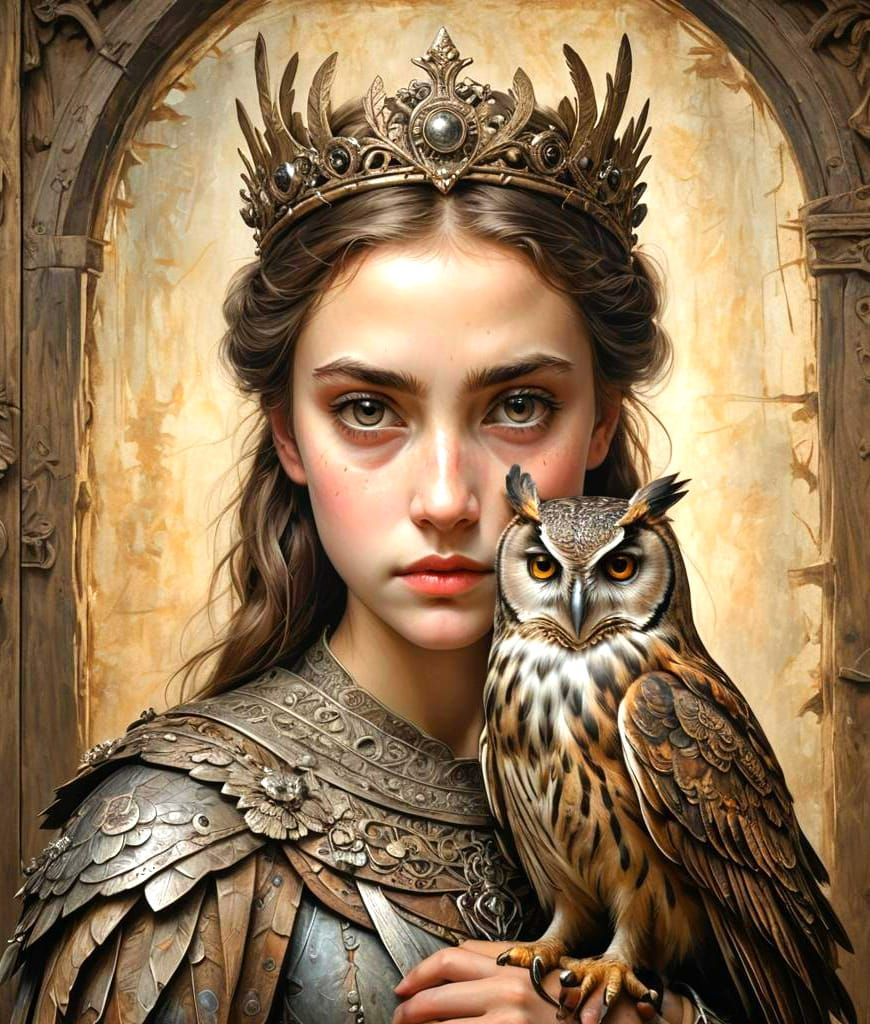 Girl with Iron Crown and Owl Staff Portrait