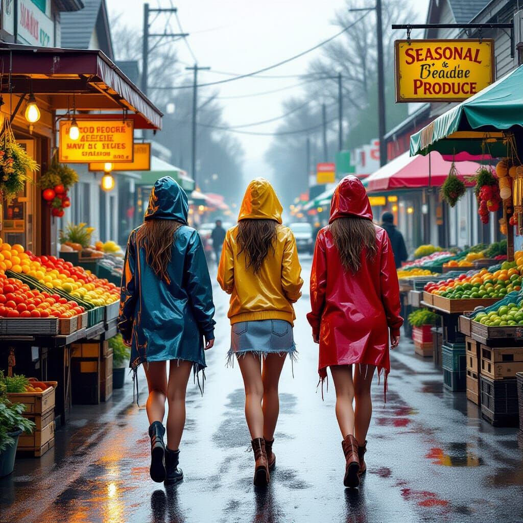 Rainy Roadside Market Scene with Three Ladies