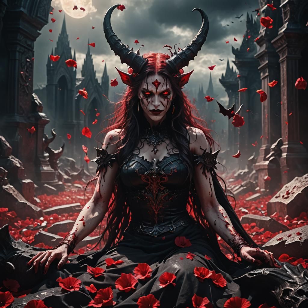 Lillith, a Horned Demon, Cries in Dark Fantasy Art