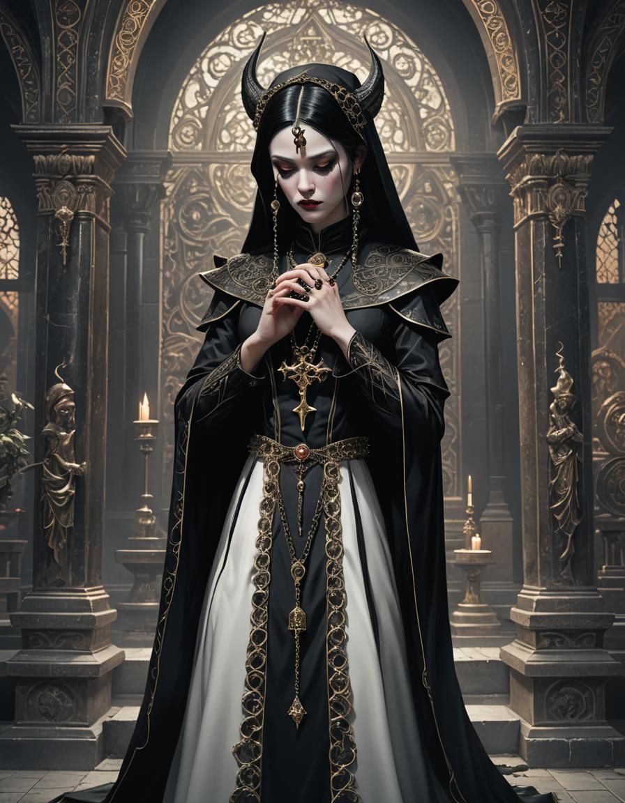 Gorgeous Demon Praying in Gothic Temple, Graphic Art