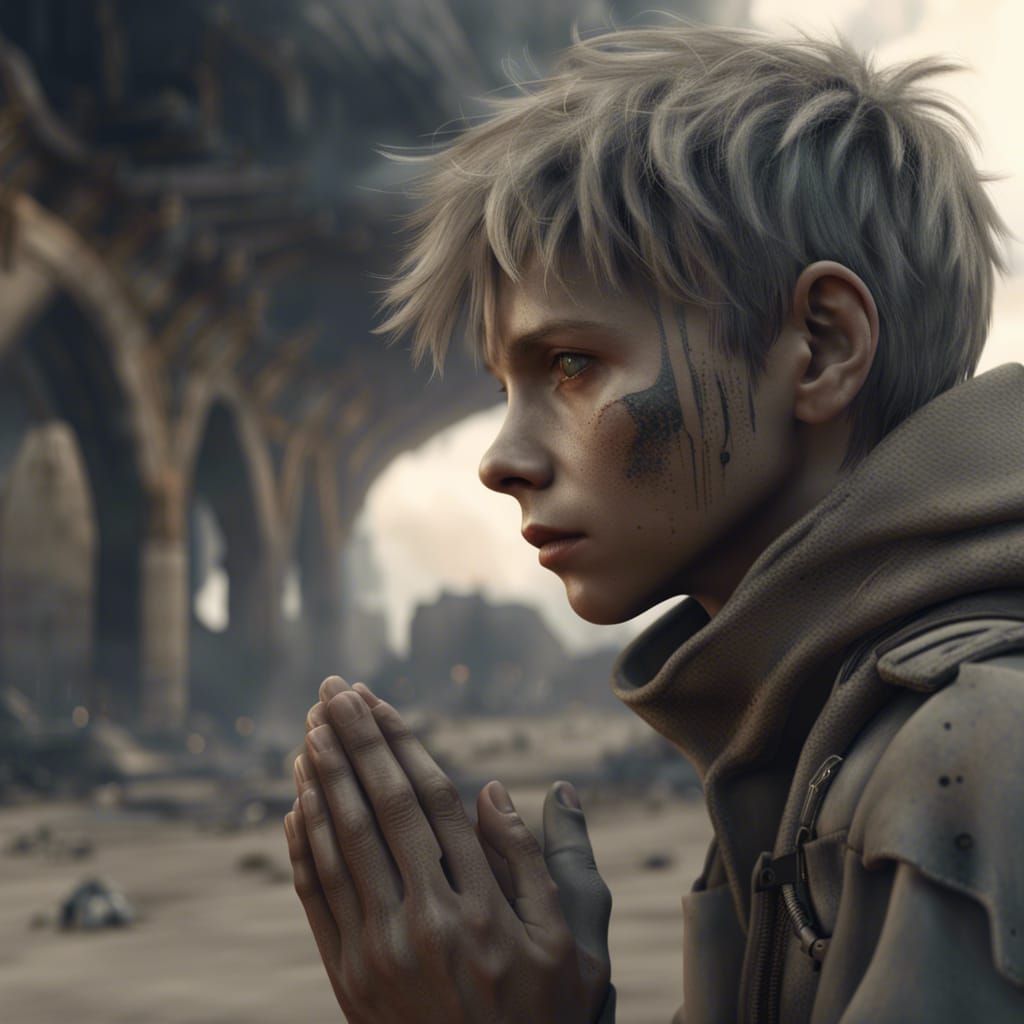 Boy Survivor Praying in Post-Apocalyptic World