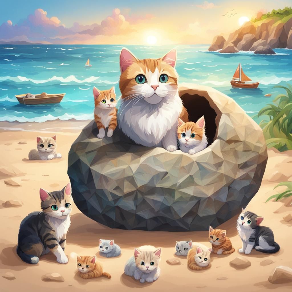 Cats Living in a Stone on the Beach