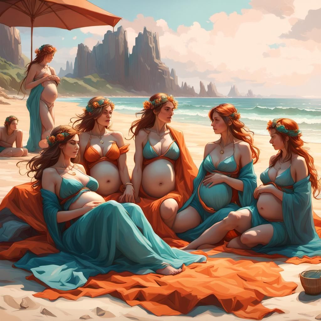 Pregnant Royalty Relaxing on Beach: Detailed Concept Art