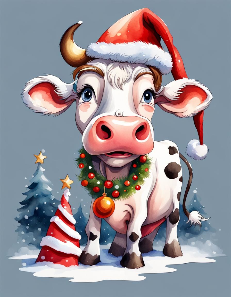 Festive Cow in Watercolour, Disney Style