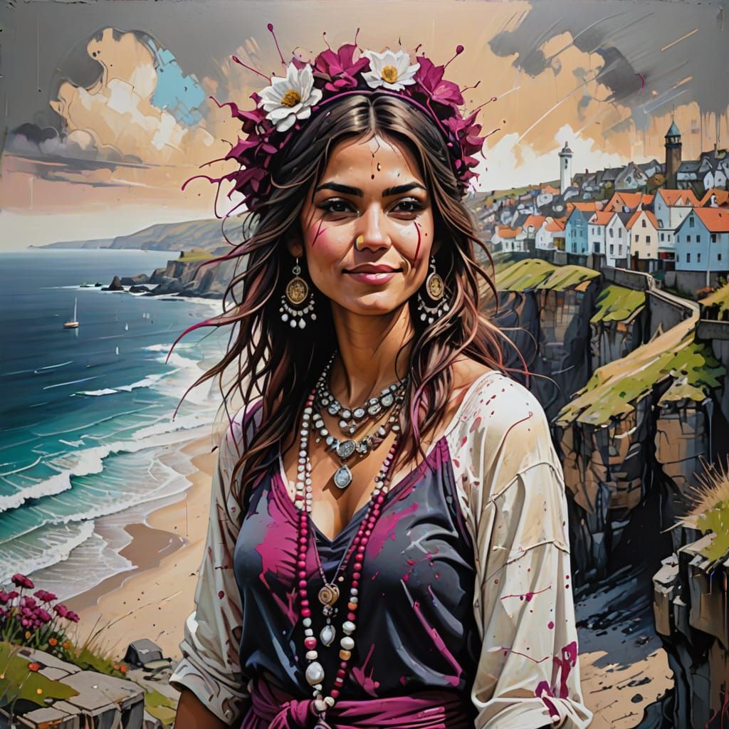 Gypsy Woman on Cliffs, Oil Painting in Earthy Tones