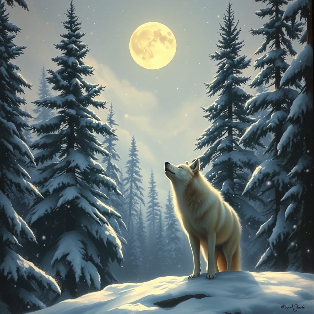 A lone wolf howling at the moon in a snow-covered forest, su...