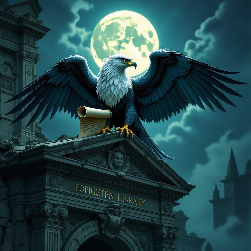 Majestic Griffin Guards Ancient Library Scroll in Dark Fanta...