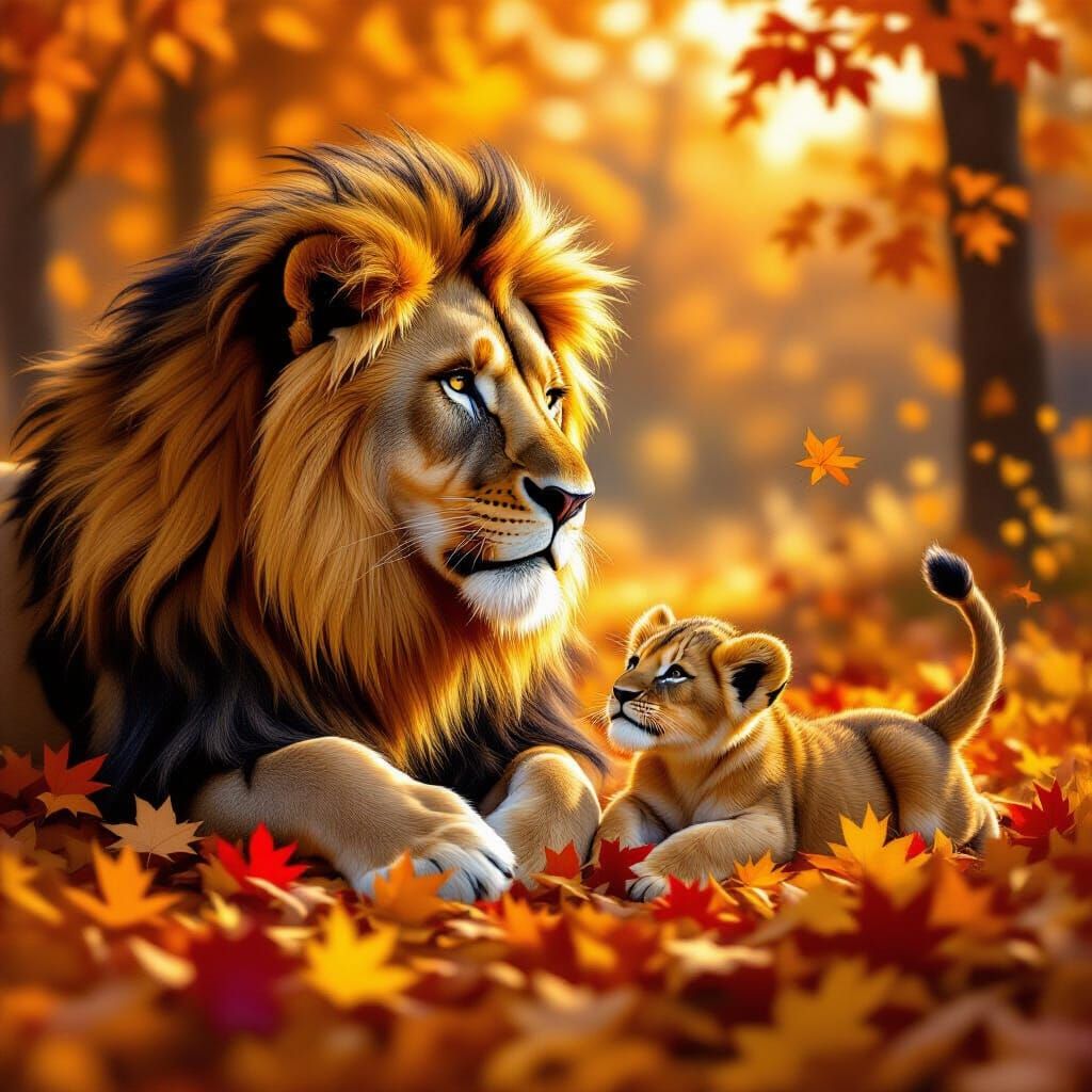 Majestic Lion Watches Cubs in Autumn Forest