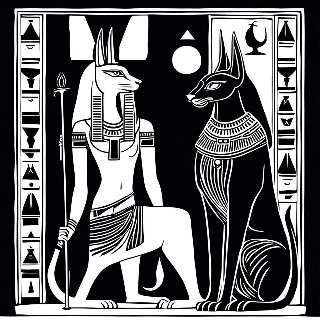 Egyptian Gods Bastet and Anubis in Black and White