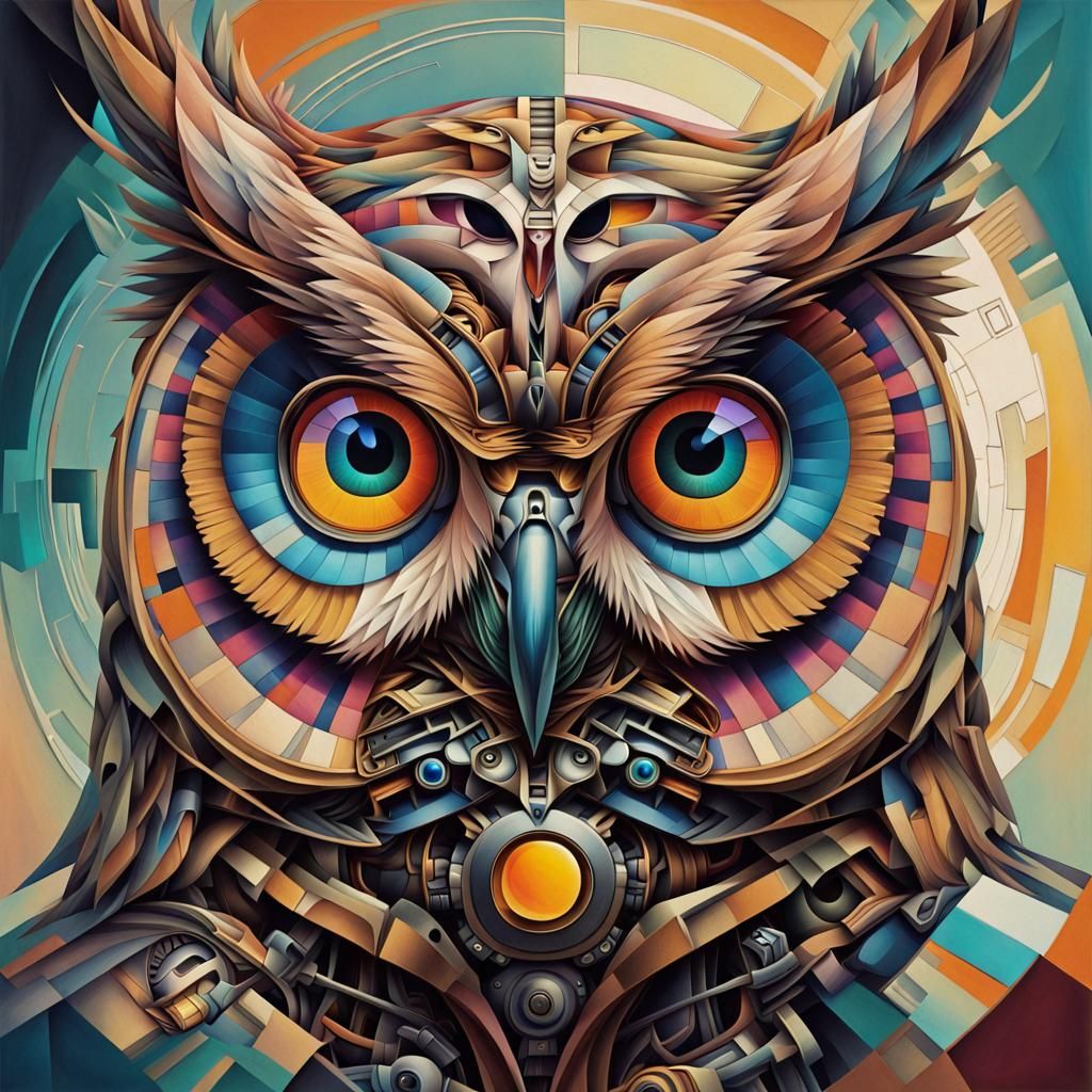Abstract Owl Portrait with Mechanical Elements