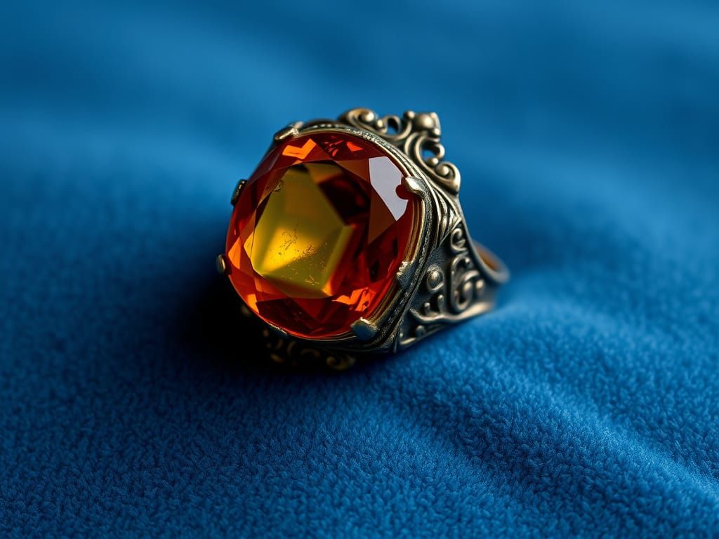 Luxurious Amber Gemstone Ring in Ornate Black Gold Setting