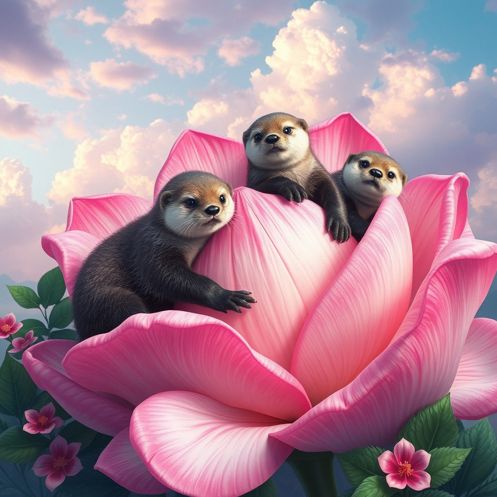 Sea Otters Lounging on a Blooming Flower