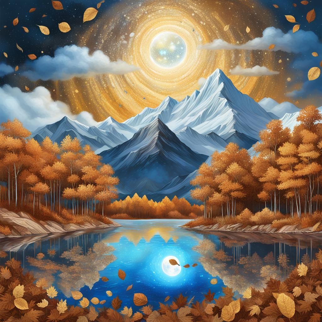 Astral Mountains Meet Golden Lake: Holographic Illustration