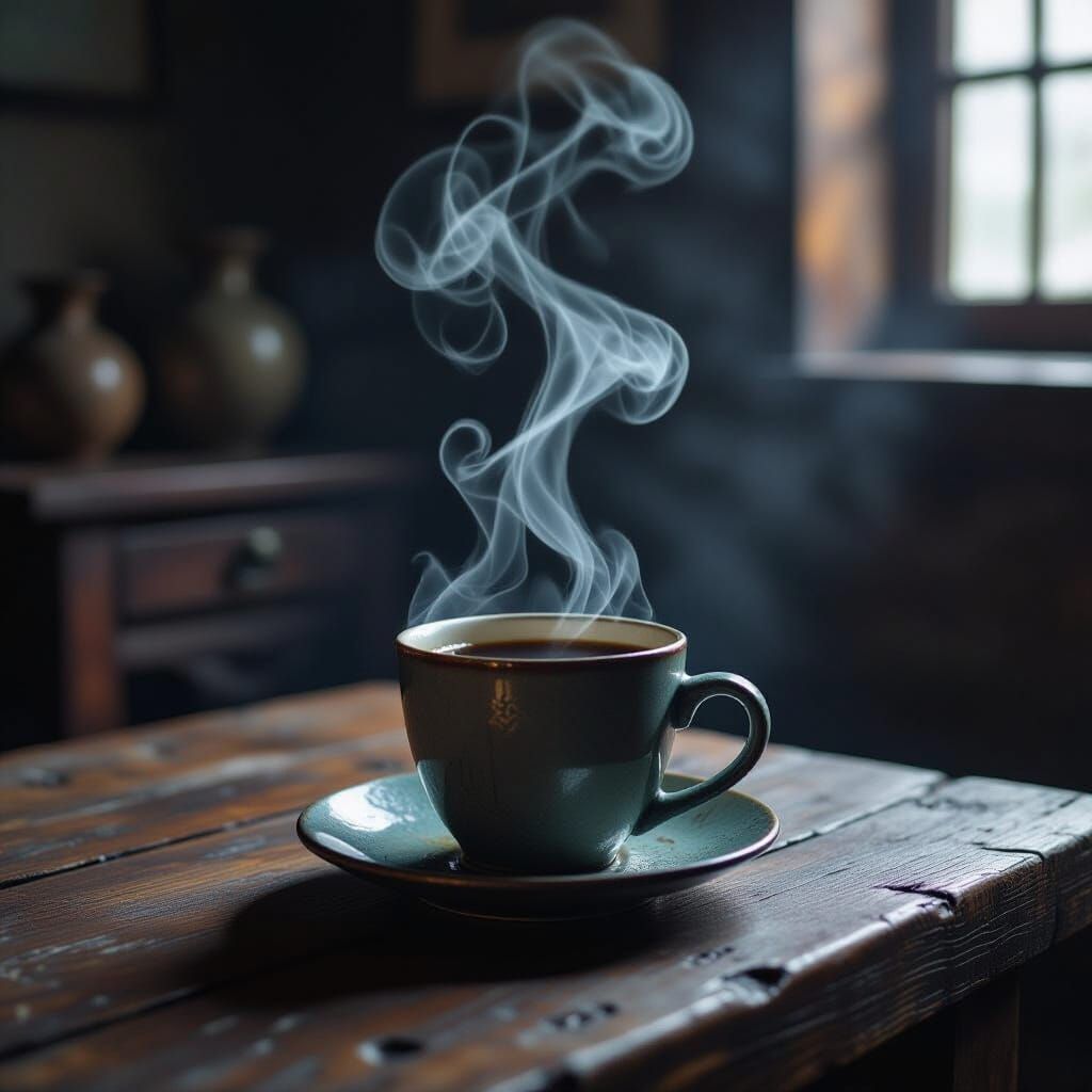 Steaming Coffee Cup in Mystical Chamber, Ukiyo-e Style