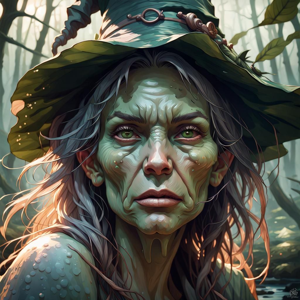 Detailed Swamp Witch Portrait in Digital Art Style