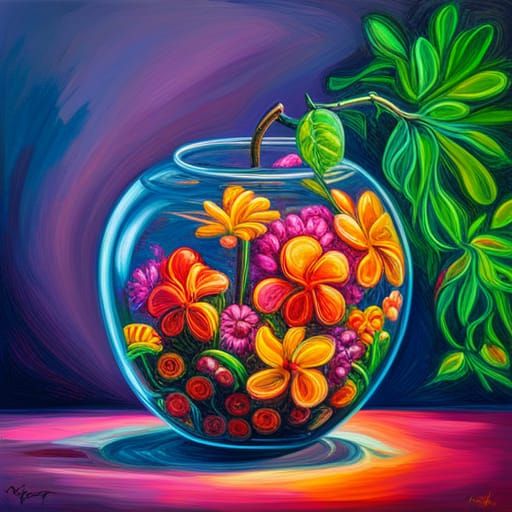 Glass Apple with Tropical Flowers, Synthwave Art