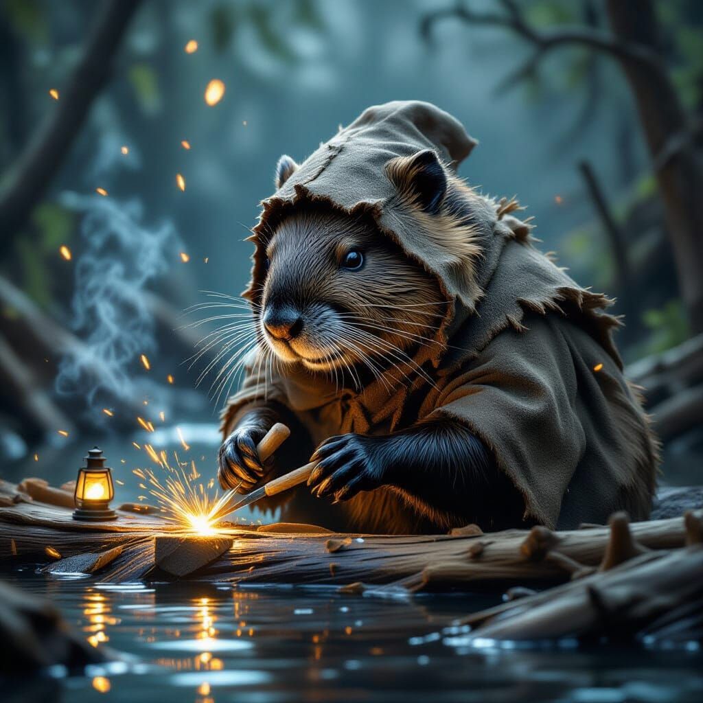 Beaver Artisan Crafting Dreams in Misty Lake Chamber