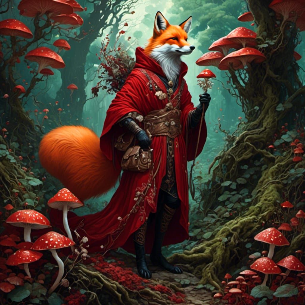 Fox Druid Conjuring Vines in Dark Fantasy Style