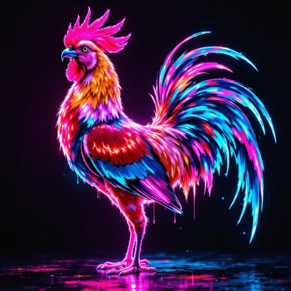 Cyberpunk Rooster in Neon Darkness