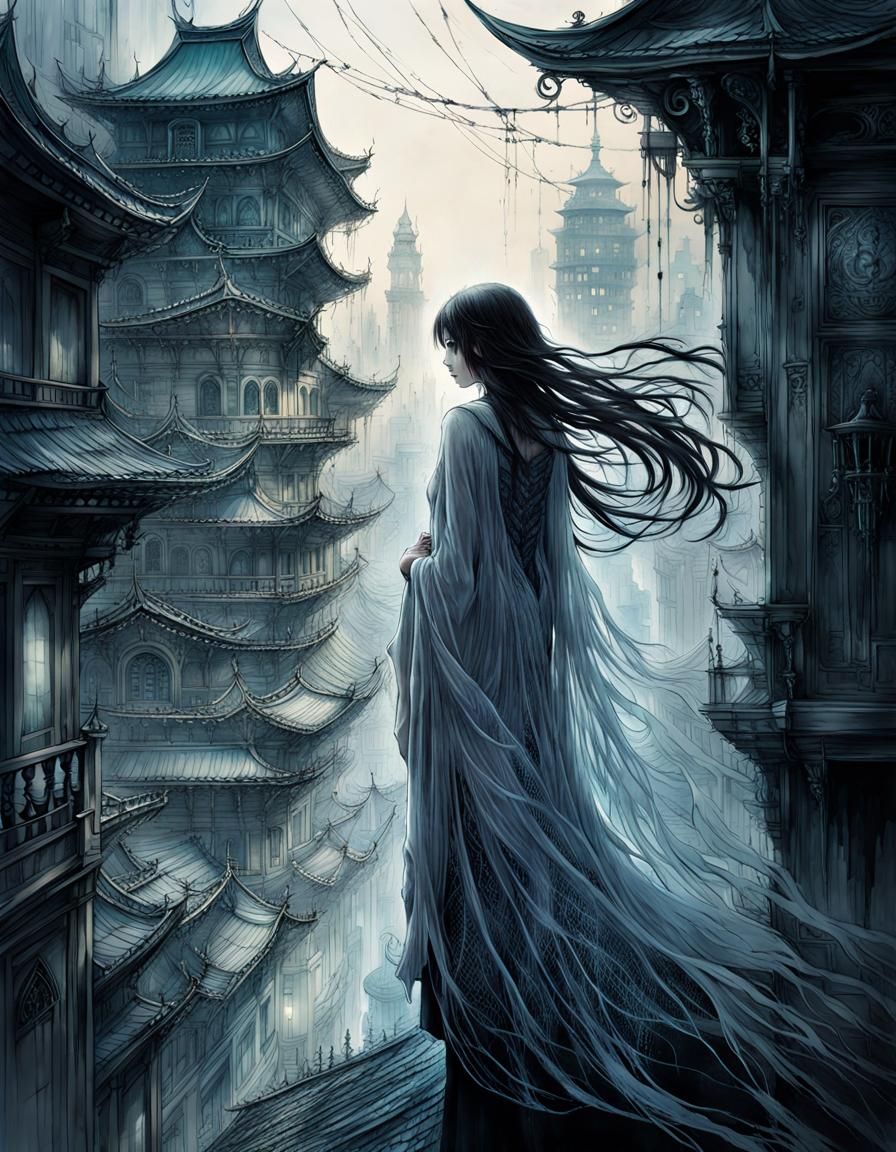 Ethereal Line Art of Ghostly Woman in Misty City