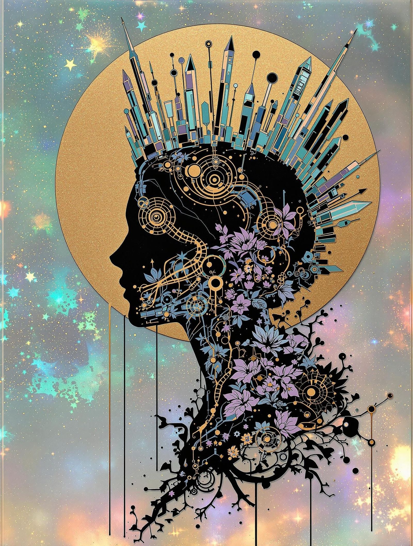 Cyberpunk Madonna in Jewel-Toned Silhouette Collage